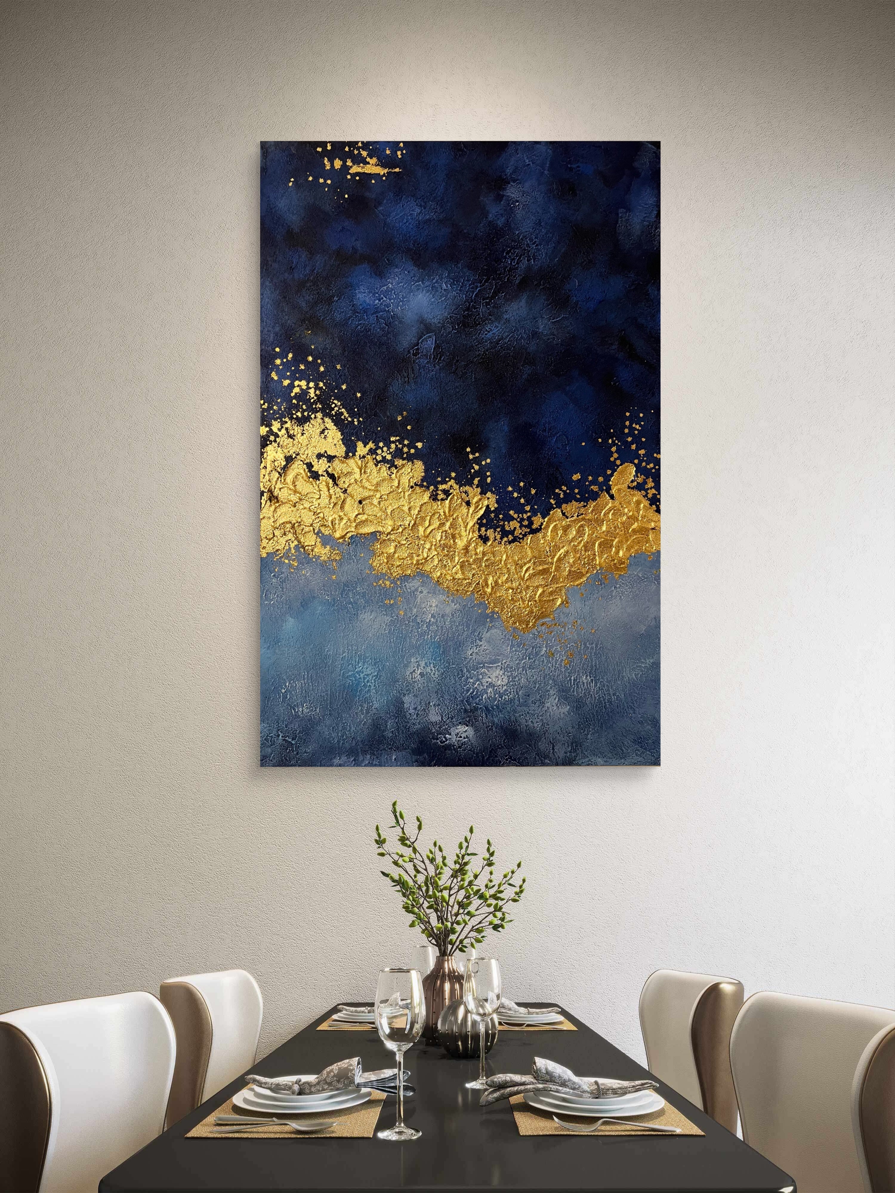 Midnight Gold Texture / Textured Abstract Canvas Wall Art in Navy Blue & Gold | Modern Home Décor