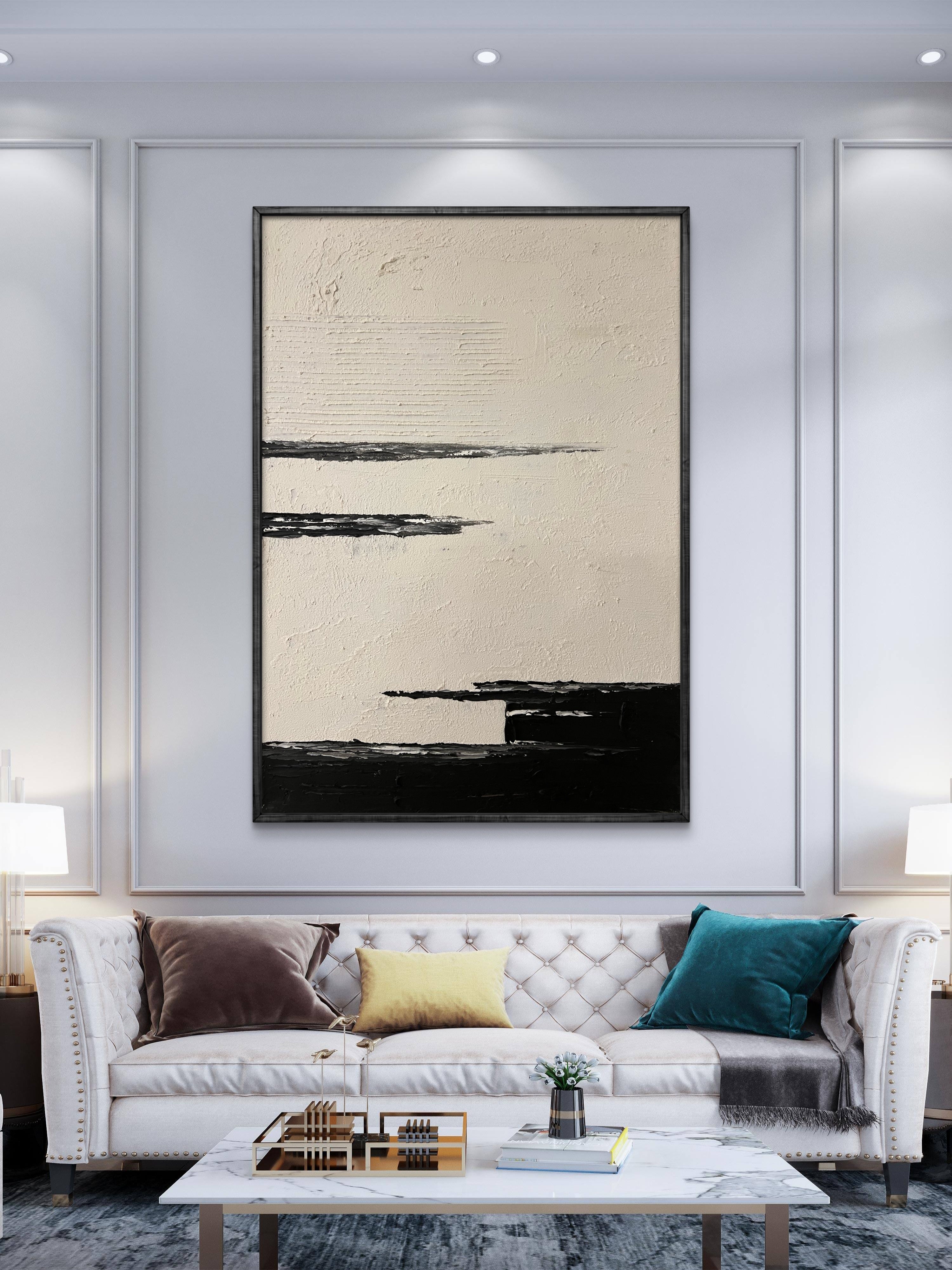Quiet Horizon Texture / Minimalist Textured Abstract Canvas Wall Art in Black & Ivory | Modern Home Décor