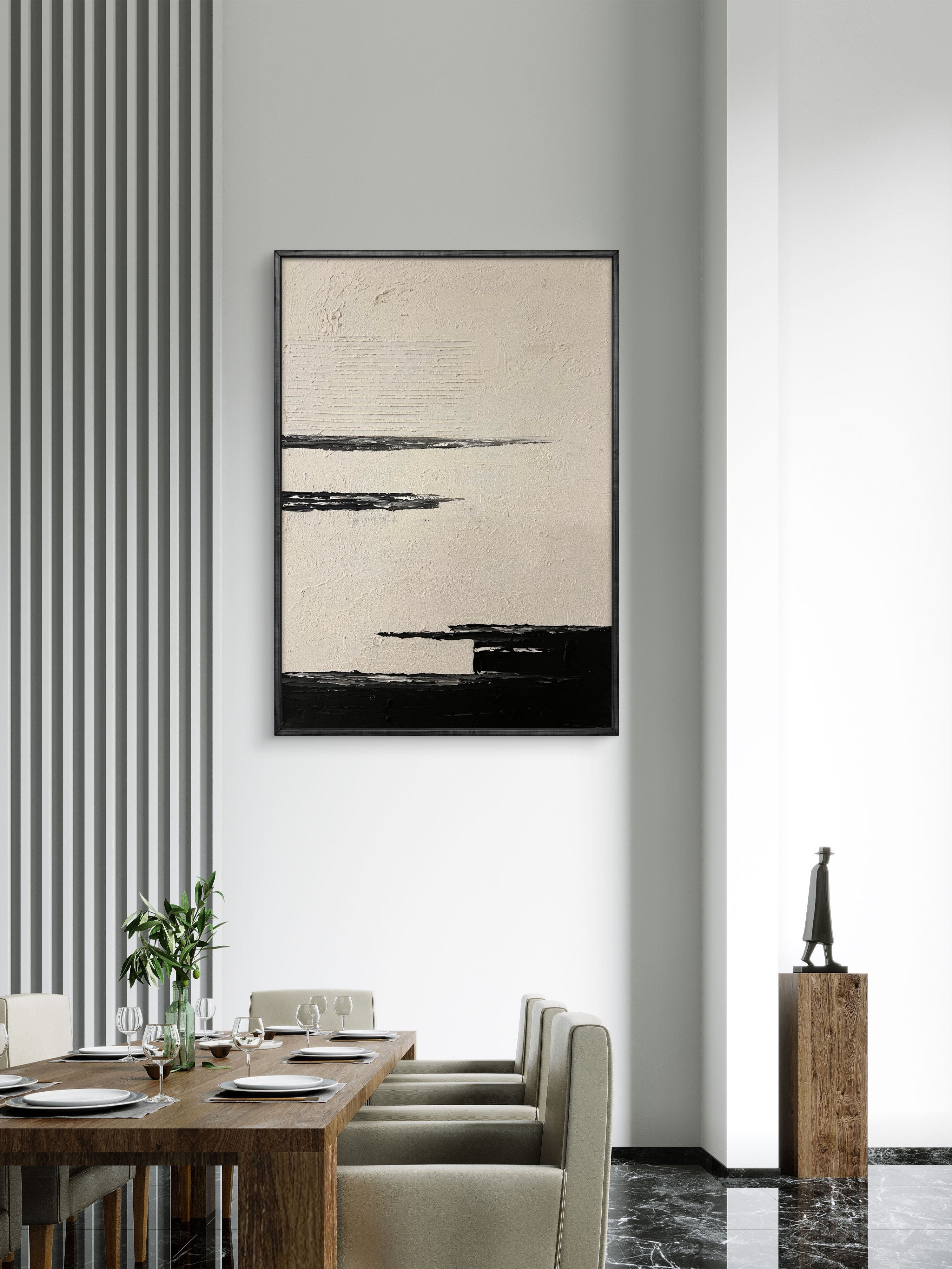 Quiet Horizon Texture / Minimalist Textured Abstract Canvas Wall Art in Black & Ivory | Modern Home Décor