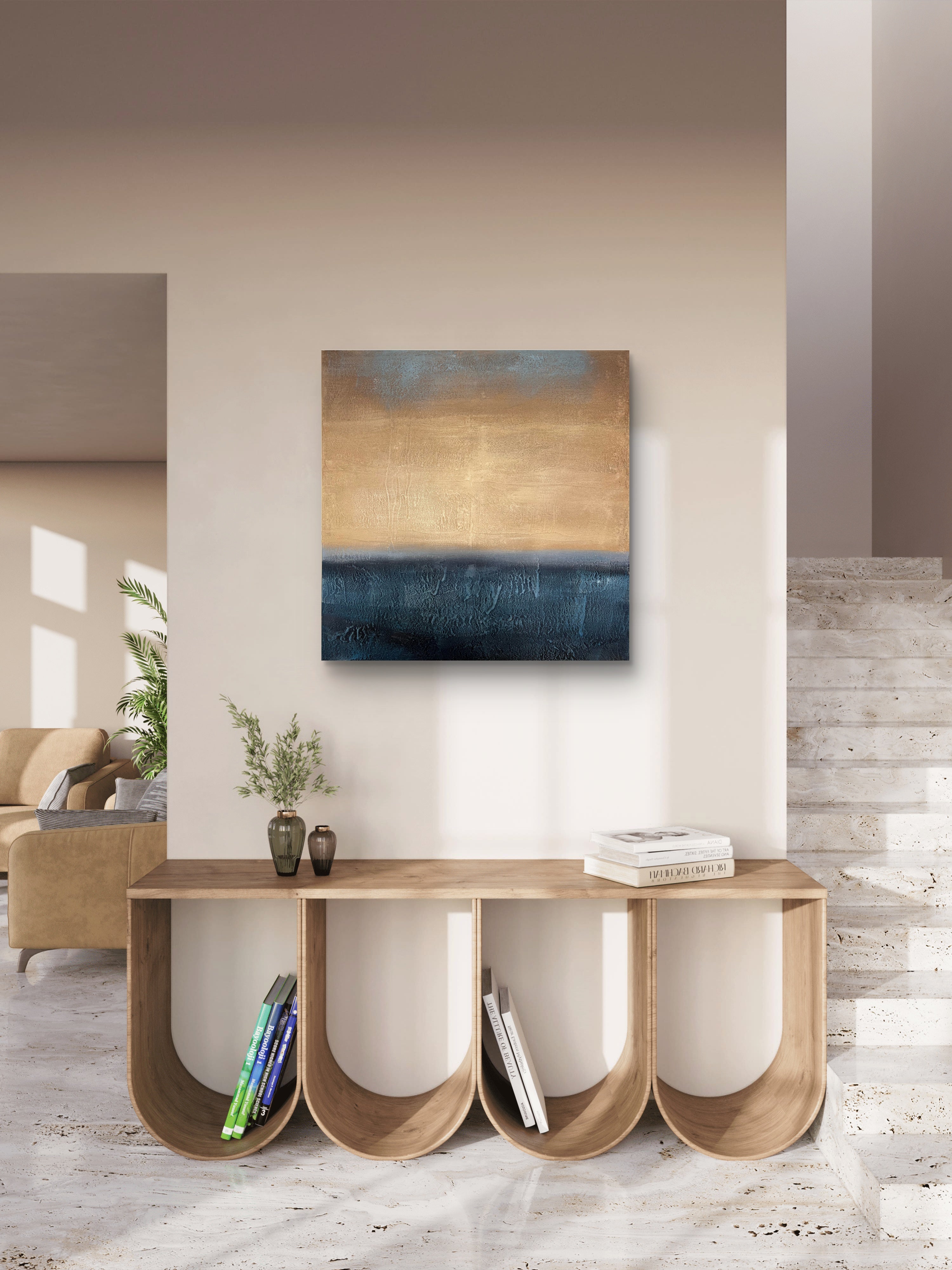 Golden Horizon Texture / Textured Abstract Canvas Wall Art in Gold & Deep Blue | Modern Home Décor