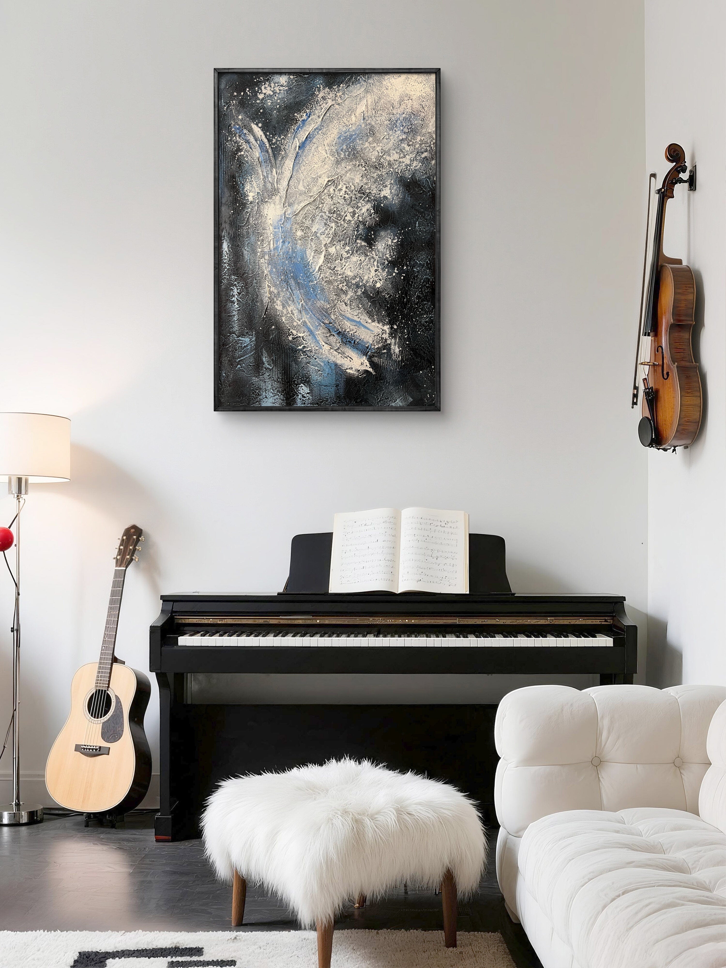 Midnight Flow Texture / Textured Abstract Canvas Wall Art in Black, Blue & Ivory | Modern Home Décor