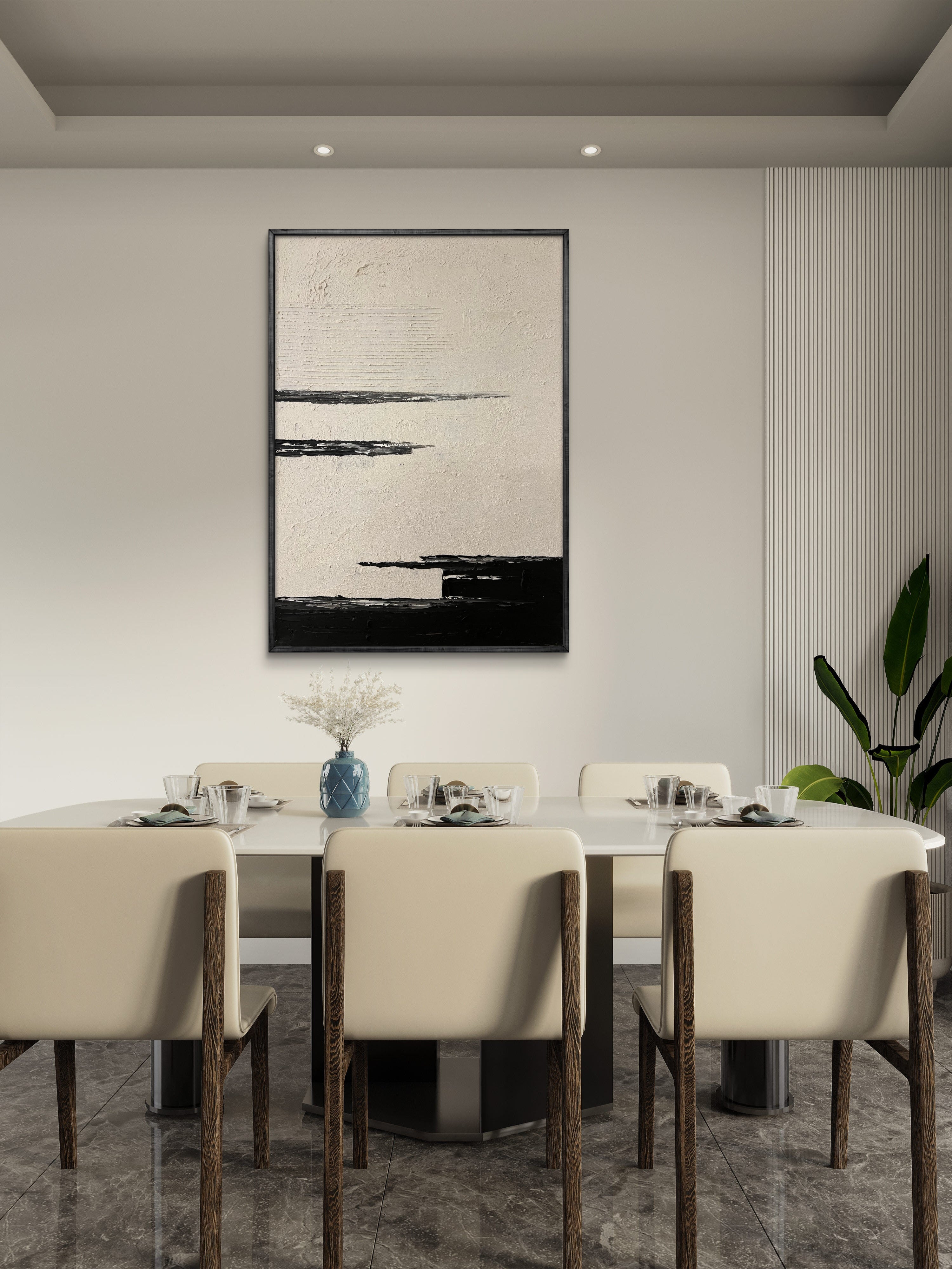 Quiet Horizon Texture / Minimalist Textured Abstract Canvas Wall Art in Black & Ivory | Modern Home Décor