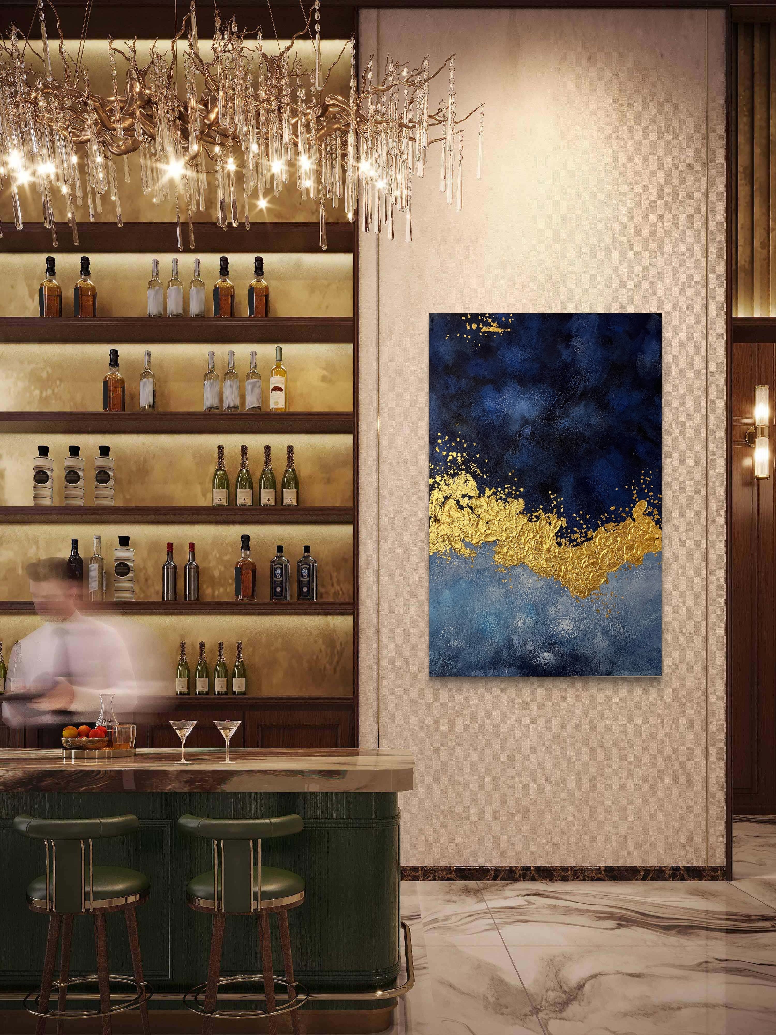 Midnight Gold Texture / Textured Abstract Canvas Wall Art in Navy Blue & Gold | Modern Home Décor