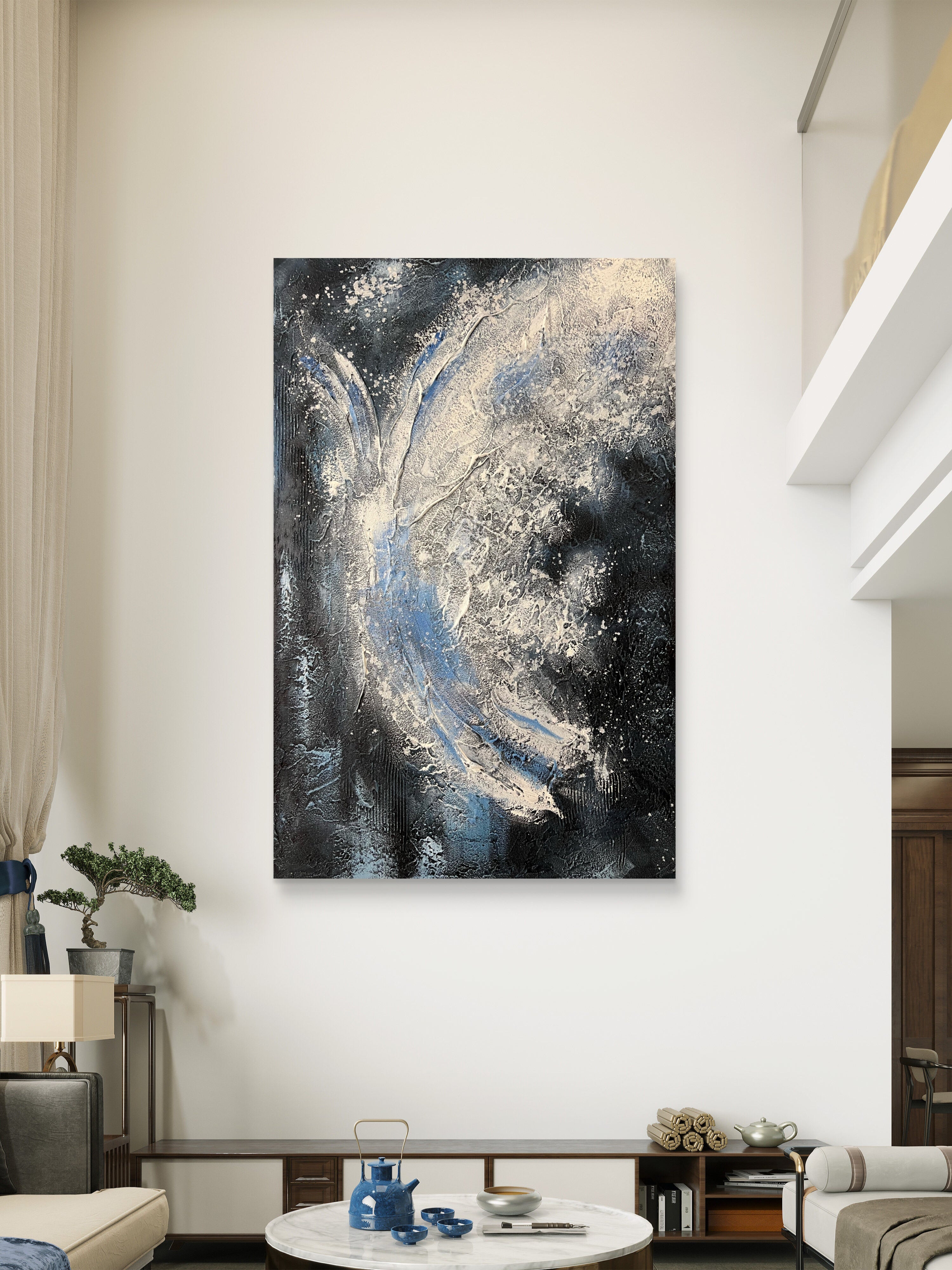 Midnight Flow Texture / Textured Abstract Canvas Wall Art in Black, Blue & Ivory | Modern Home Décor