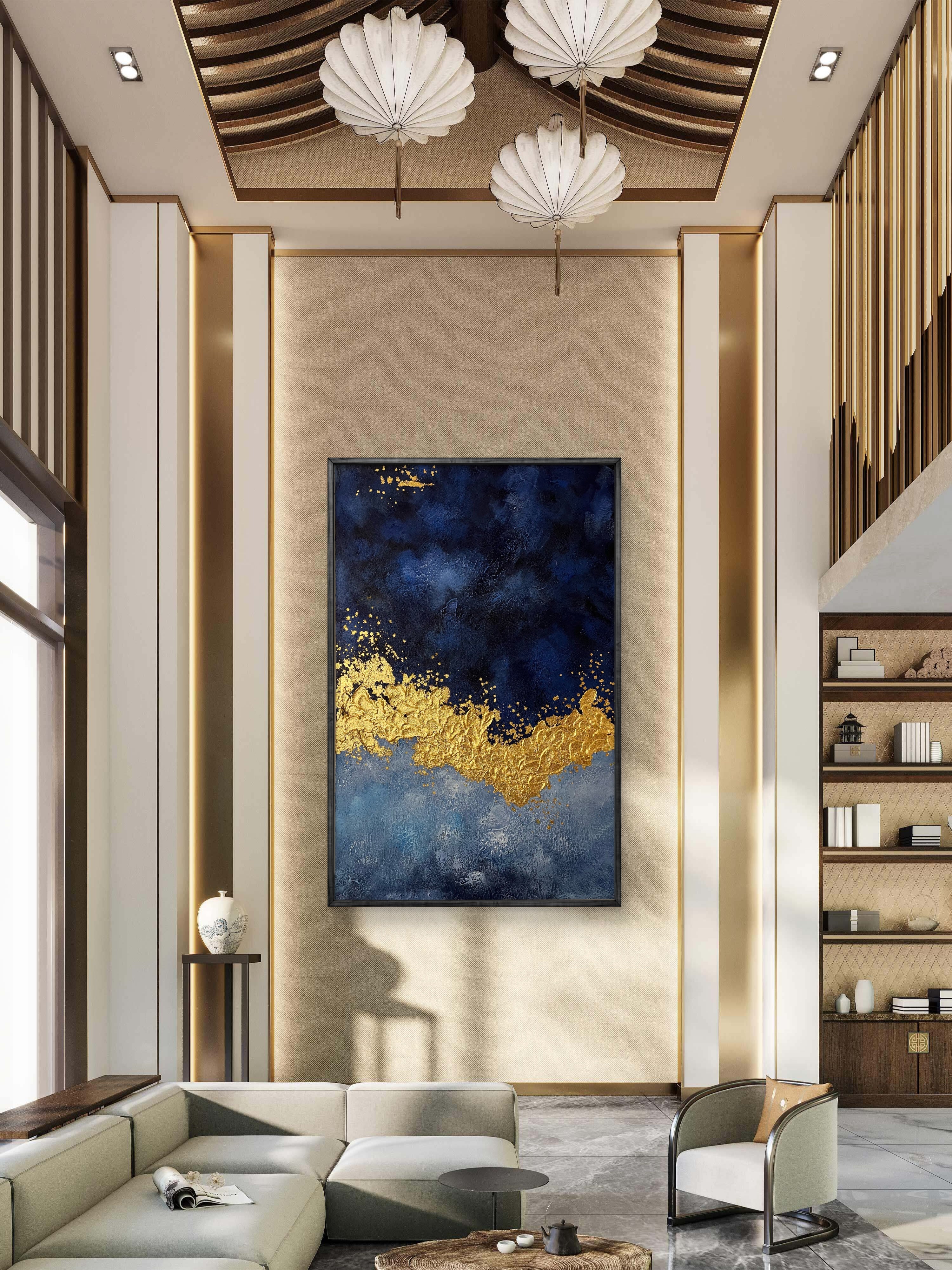 Midnight Gold Texture / Textured Abstract Canvas Wall Art in Navy Blue & Gold | Modern Home Décor