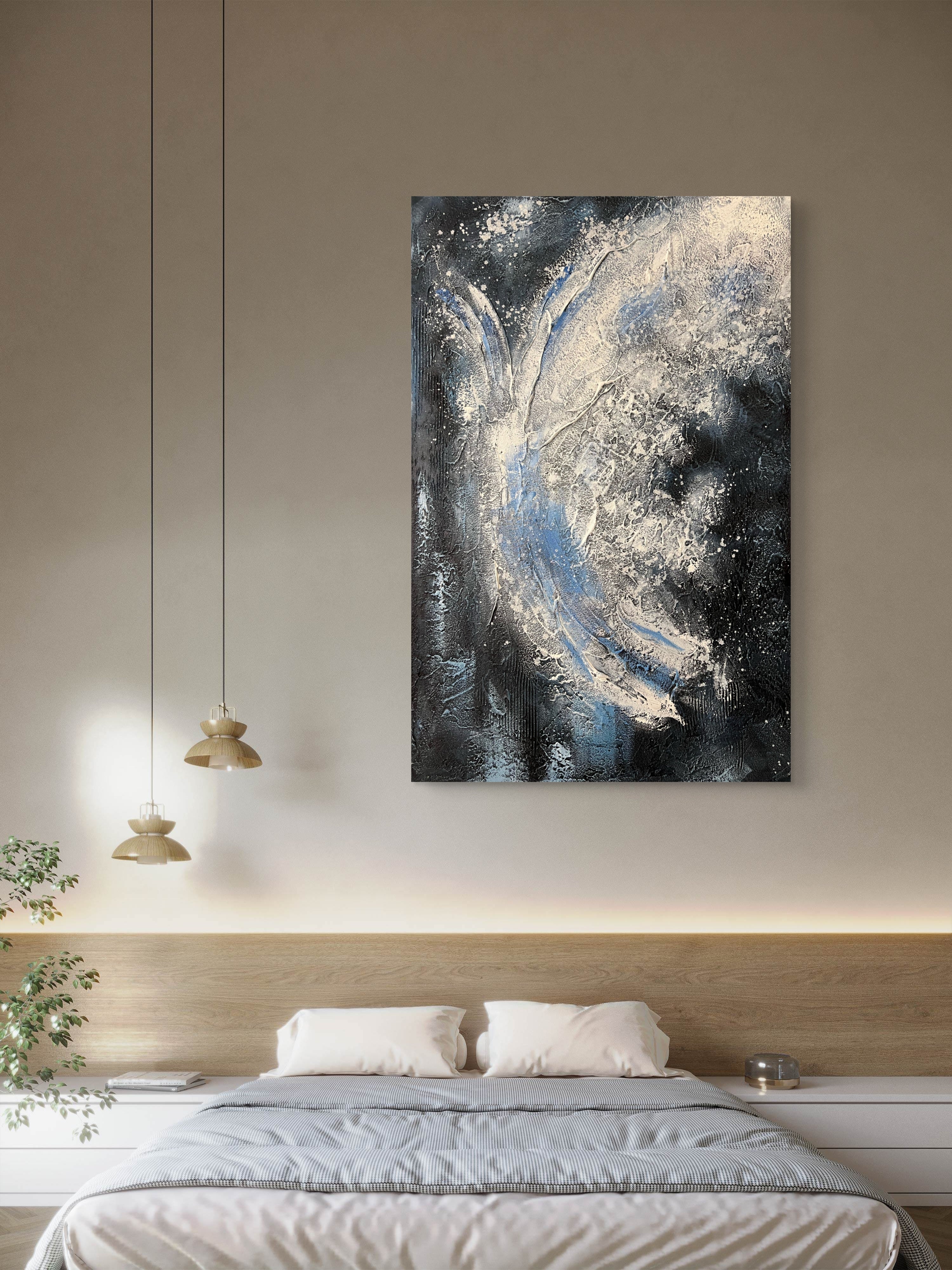 Midnight Flow Texture / Textured Abstract Canvas Wall Art in Black, Blue & Ivory | Modern Home Décor