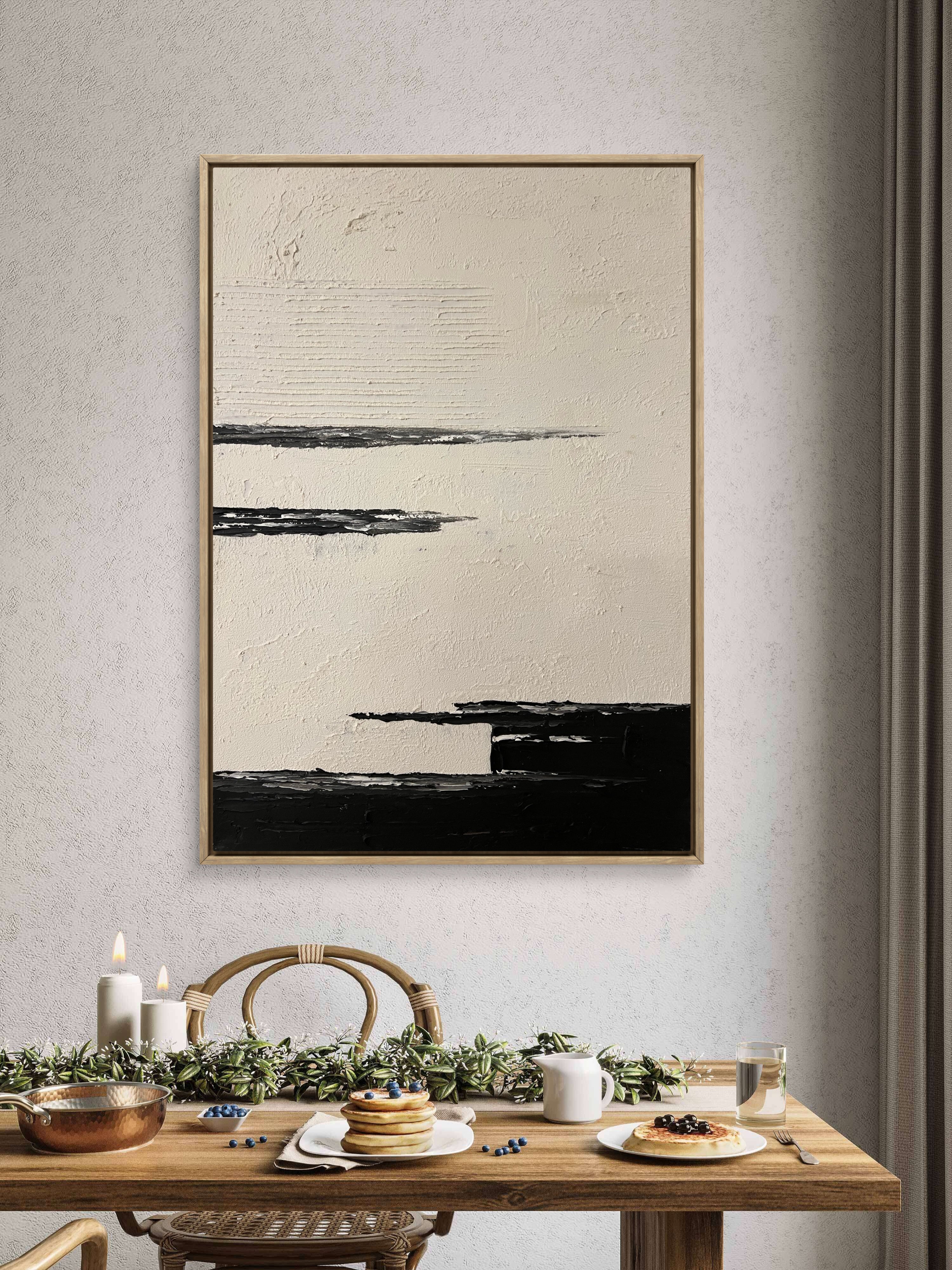 Quiet Horizon Texture / Minimalist Textured Abstract Canvas Wall Art in Black & Ivory | Modern Home Décor