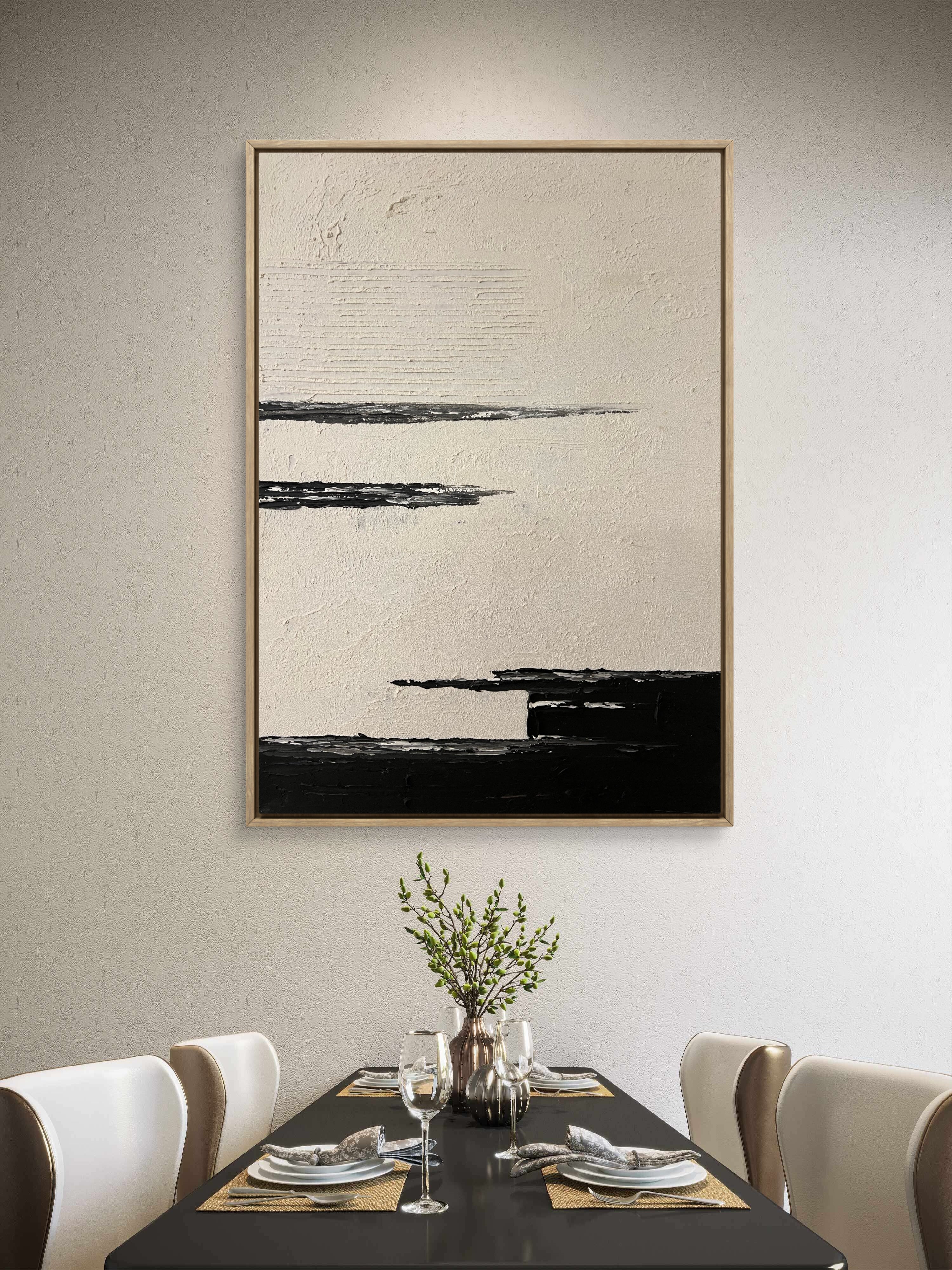 Quiet Horizon Texture / Minimalist Textured Abstract Canvas Wall Art in Black & Ivory | Modern Home Décor