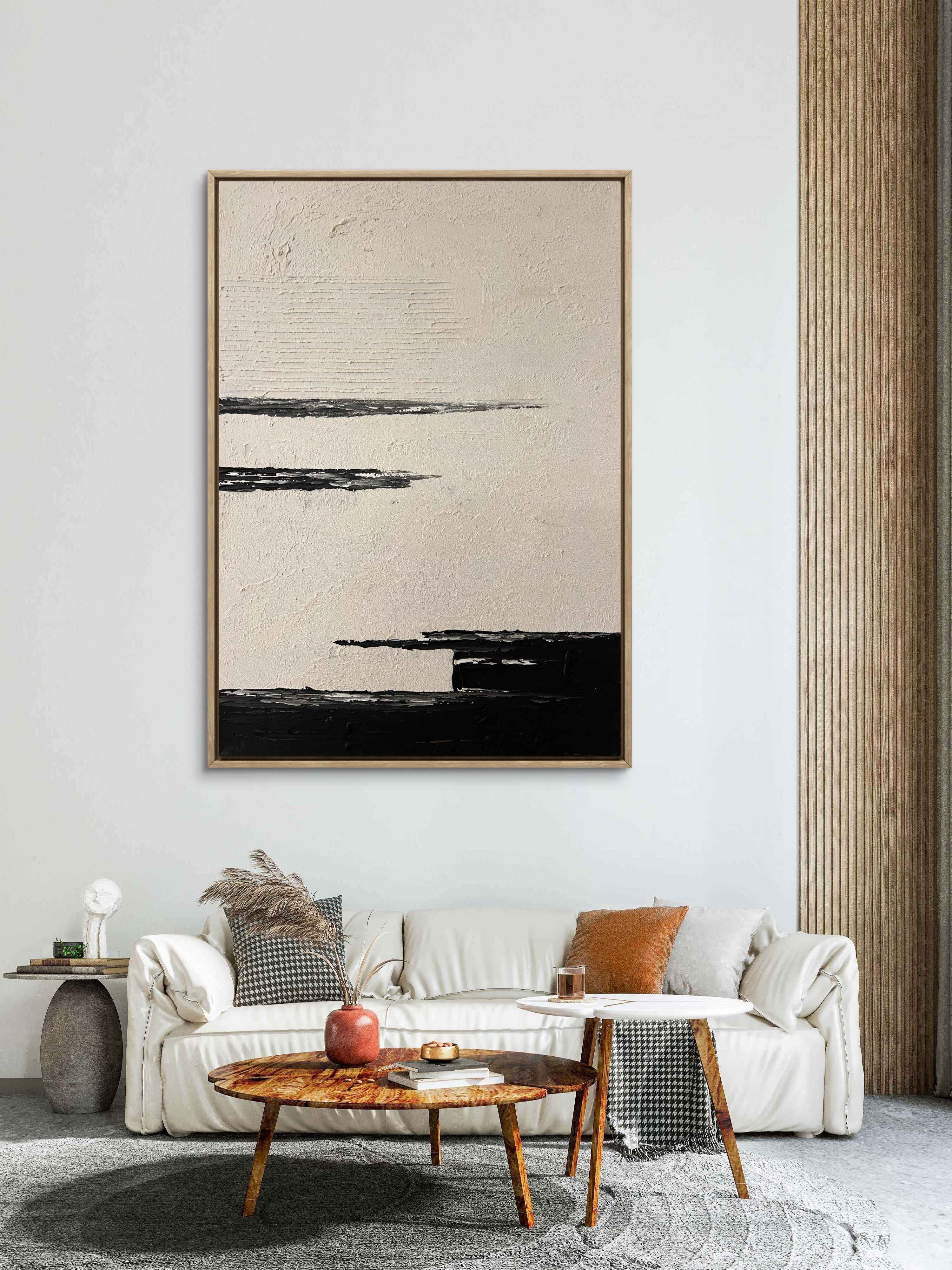 Quiet Horizon Texture / Minimalist Textured Abstract Canvas Wall Art in Black & Ivory | Modern Home Décor