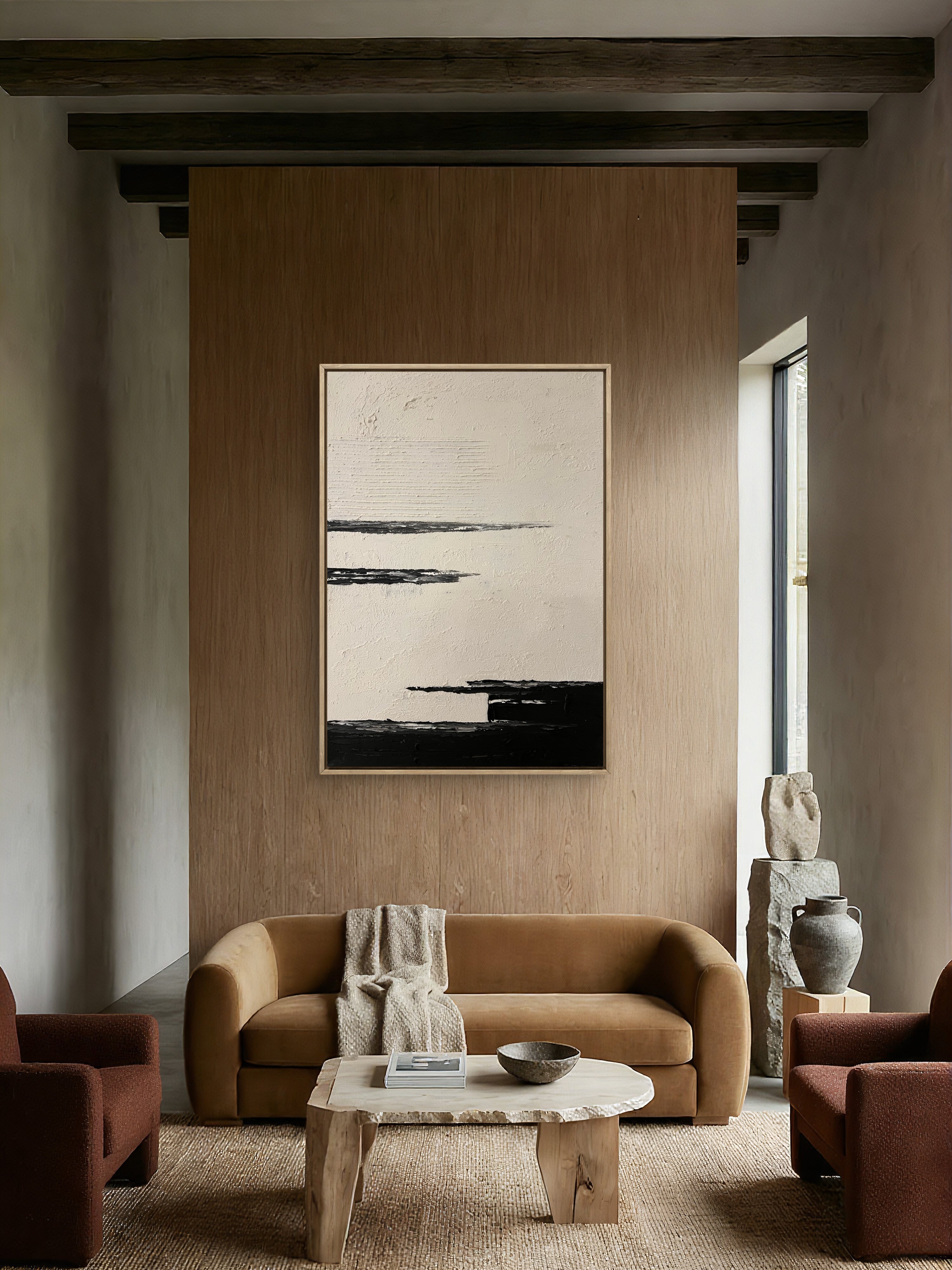 Quiet Horizon Texture / Minimalist Textured Abstract Canvas Wall Art in Black & Ivory | Modern Home Décor