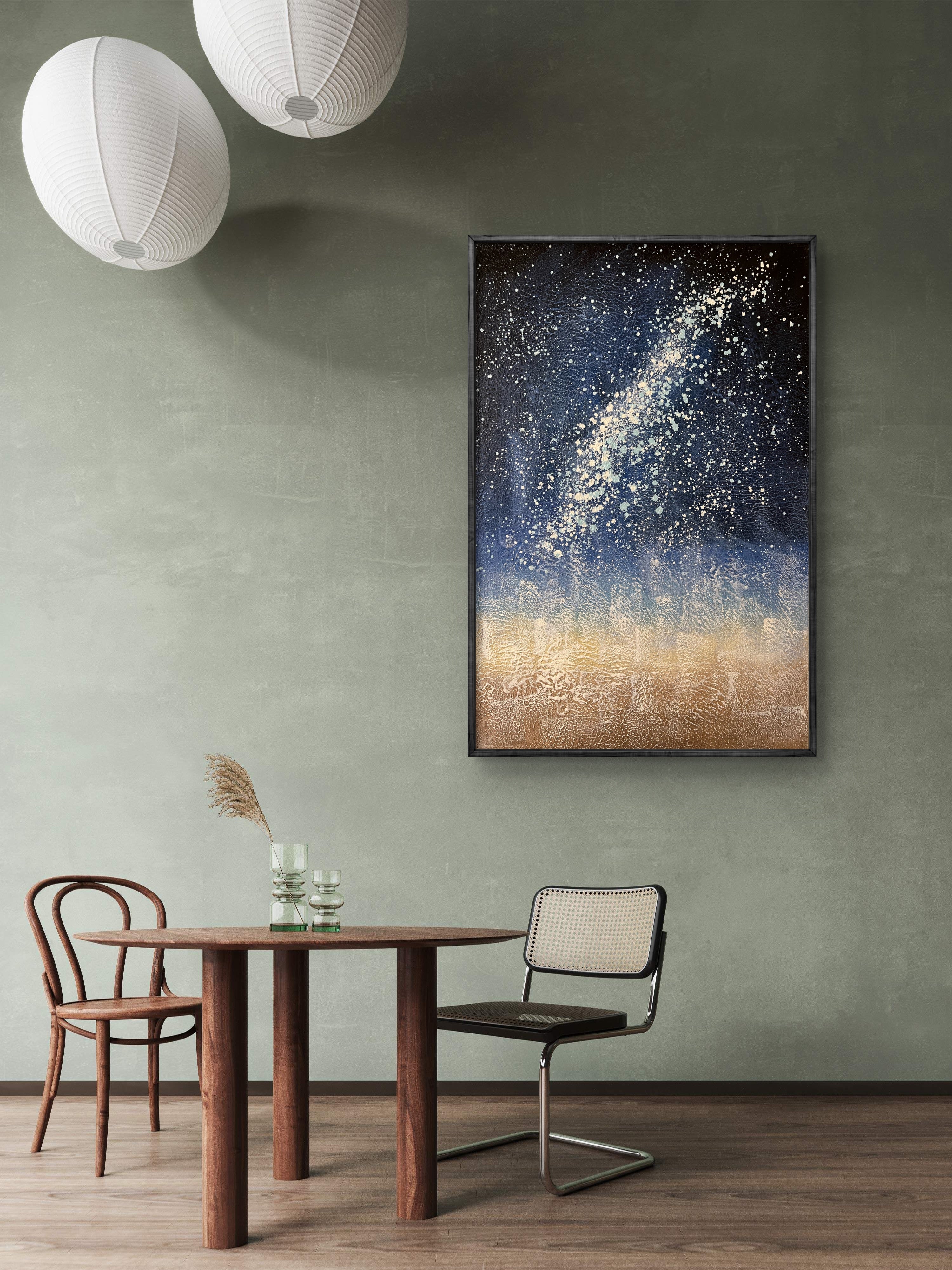 Starlit Horizon Texture / Textured Abstract Canvas Wall Art in Deep Blue & Gold | Modern Home Décor