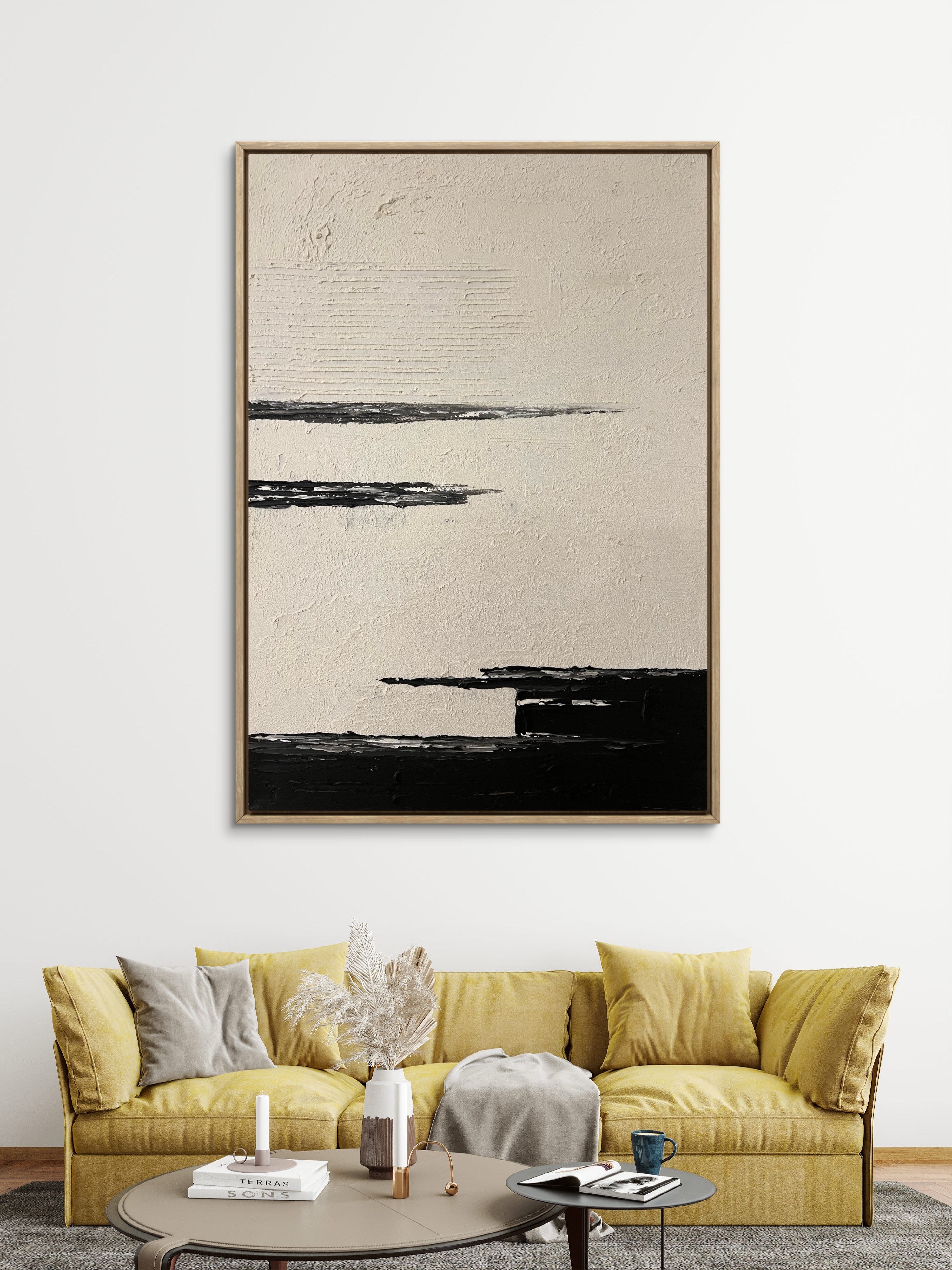 Quiet Horizon Texture / Minimalist Textured Abstract Canvas Wall Art in Black & Ivory | Modern Home Décor