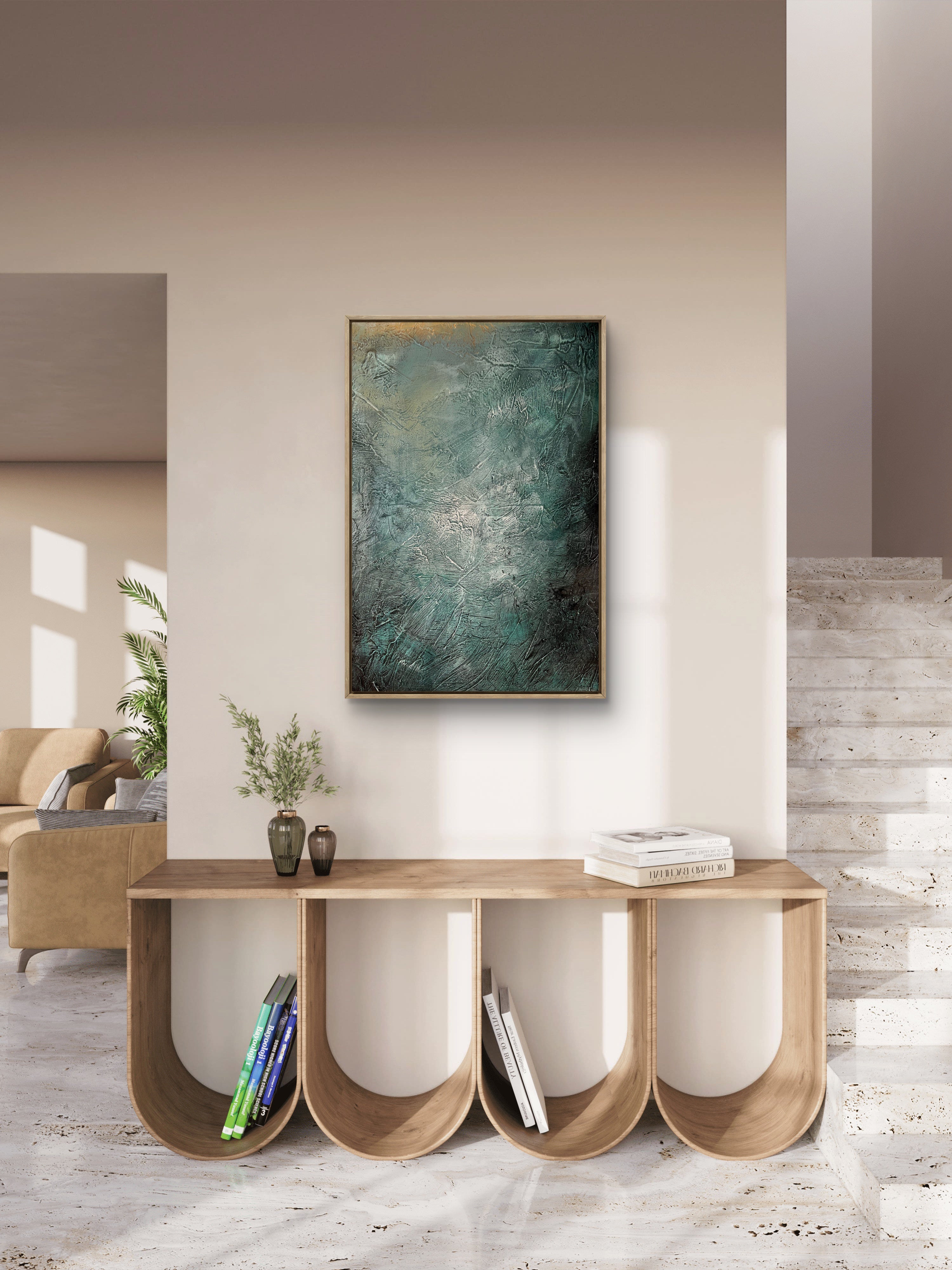 Held in Stillness / Abstract Blue-Green Textured Oil Painting – Hand-Painted 3D Canvas Wall Art