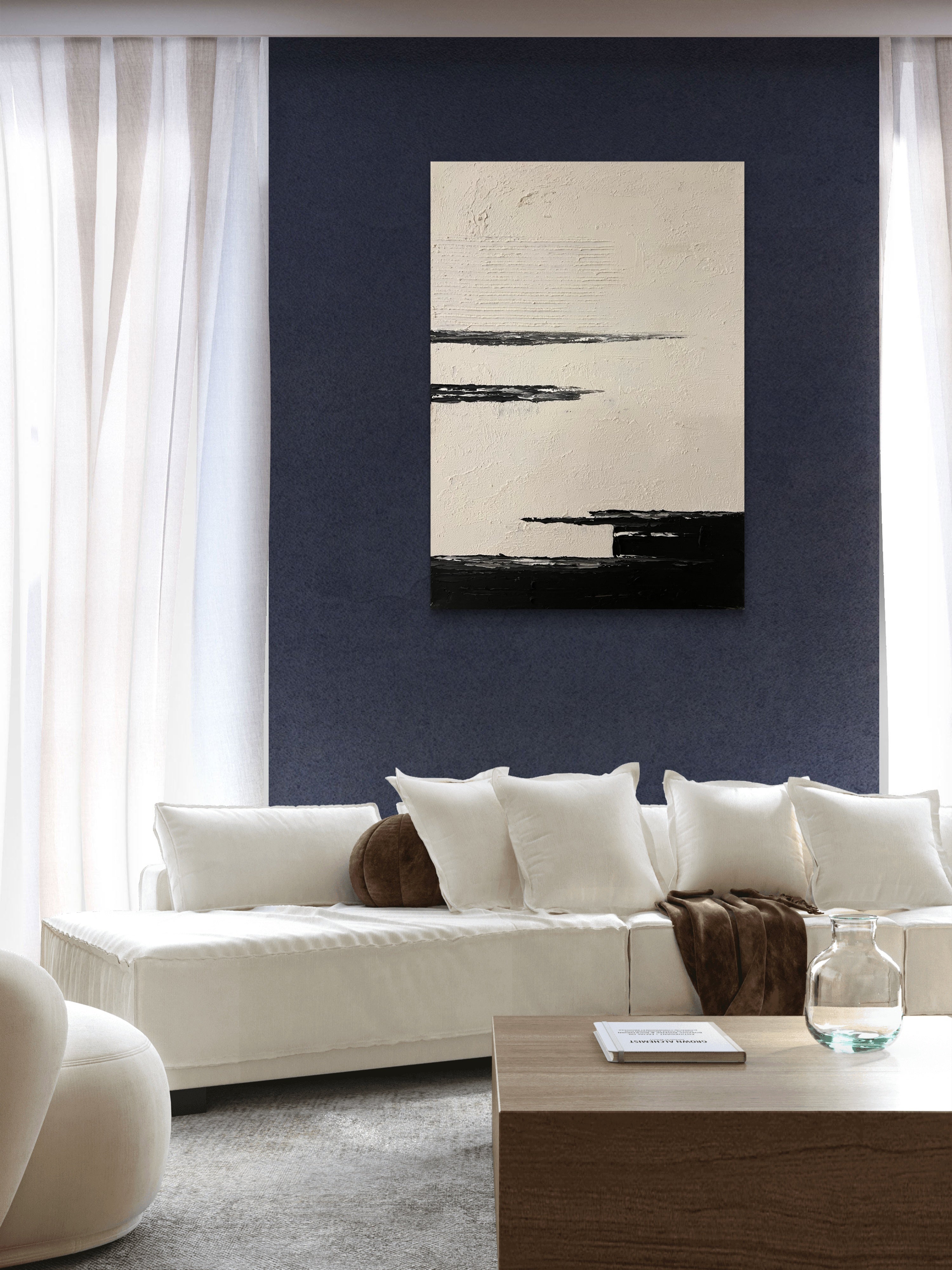 Quiet Horizon Texture / Minimalist Textured Abstract Canvas Wall Art in Black & Ivory | Modern Home Décor