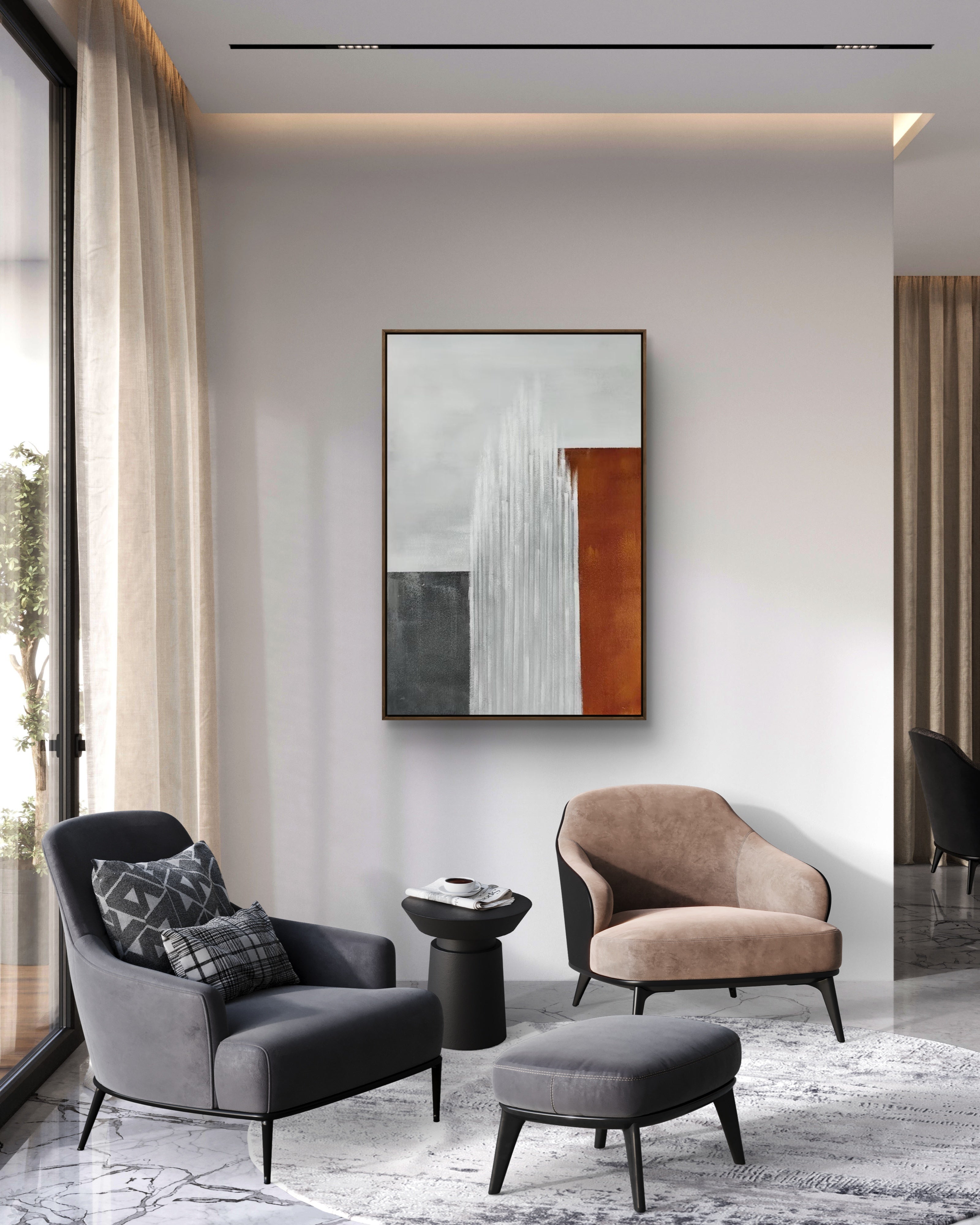 Vertical Ember Texture / Textured Abstract Canvas Wall Art in Rust, White & Grey | Modern Home Décor