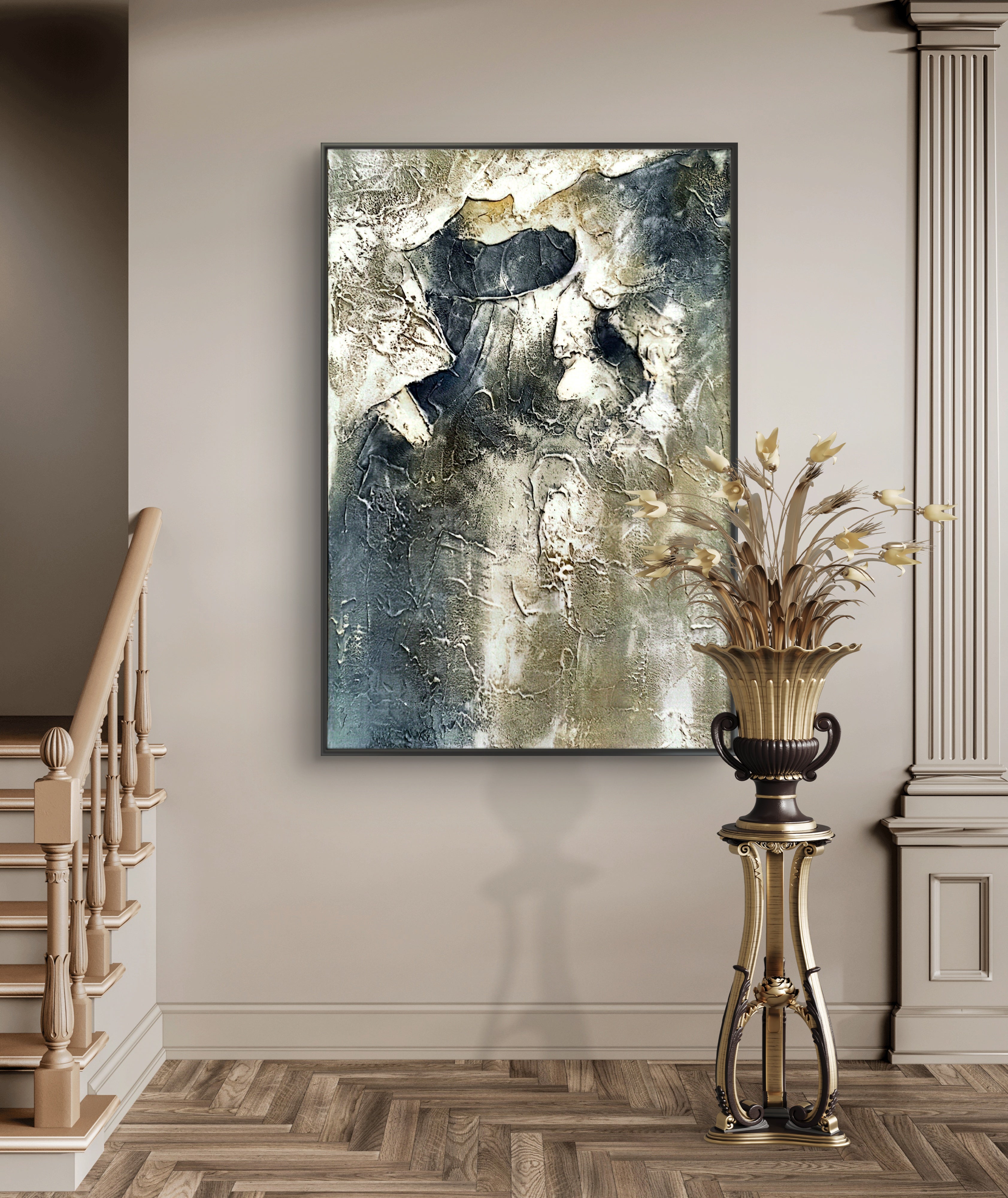 Stone Flow Texture / Textured Abstract Canvas Wall Art in Grey & Stone Tones | Modern Home Décor