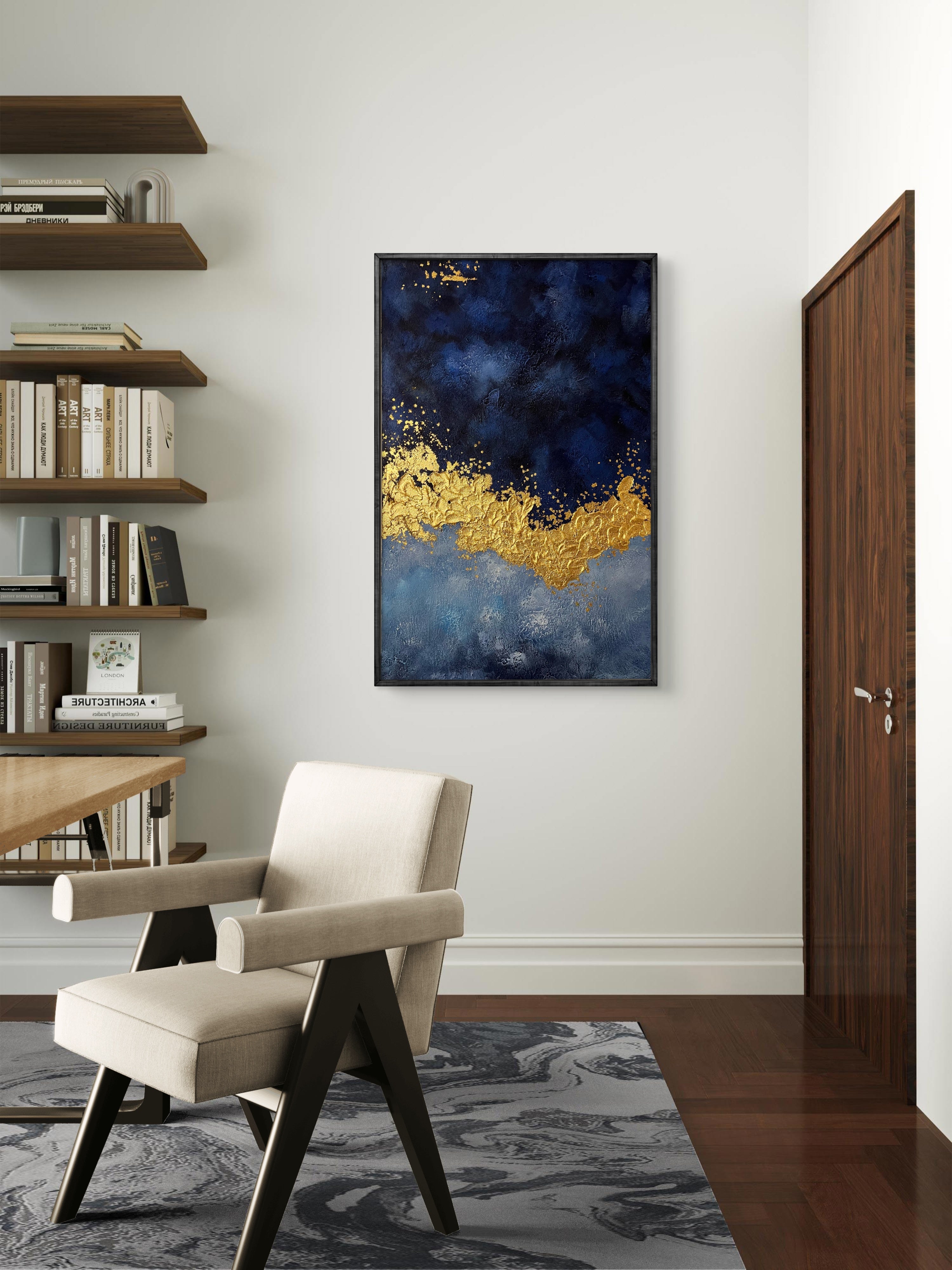 Midnight Gold Texture / Textured Abstract Canvas Wall Art in Navy Blue & Gold | Modern Home Décor