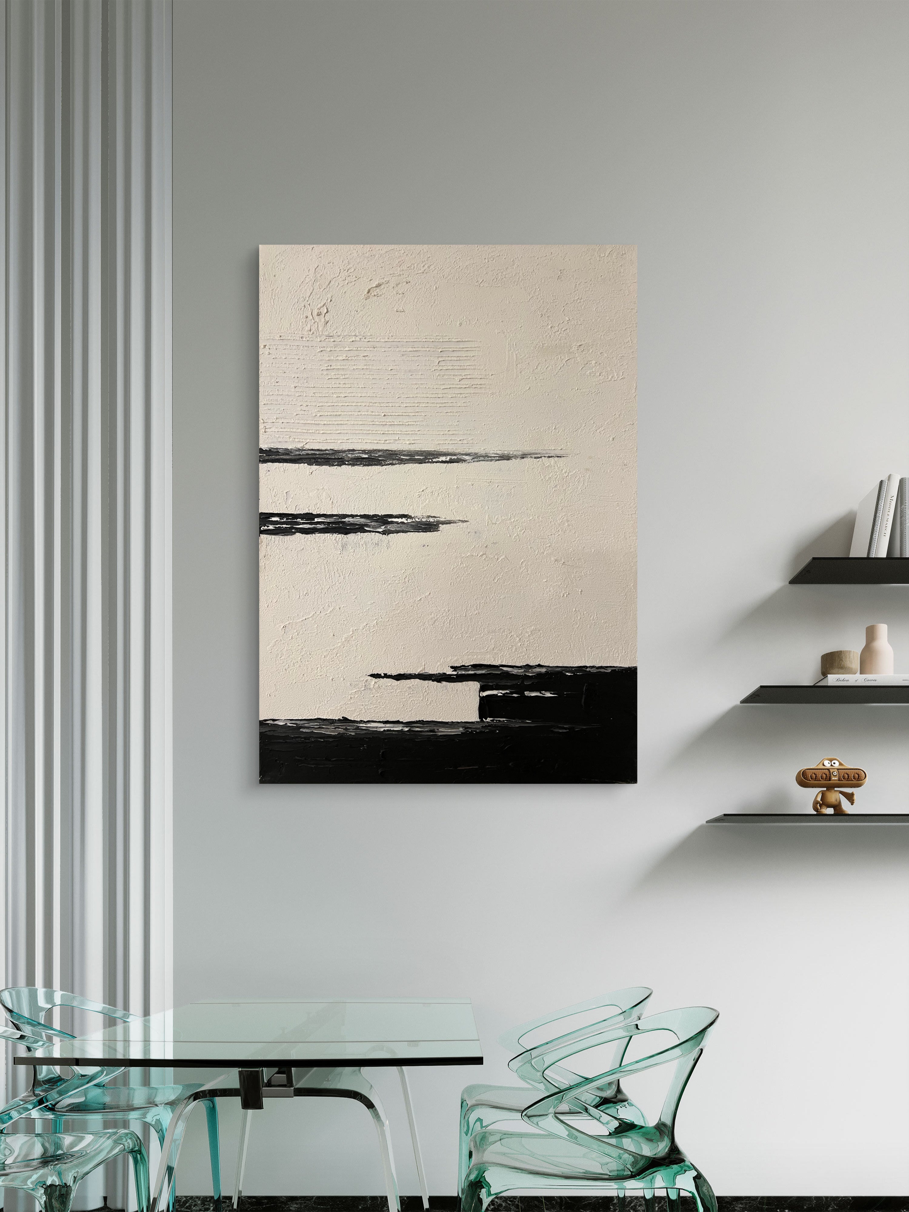 Quiet Horizon Texture / Minimalist Textured Abstract Canvas Wall Art in Black & Ivory | Modern Home Décor