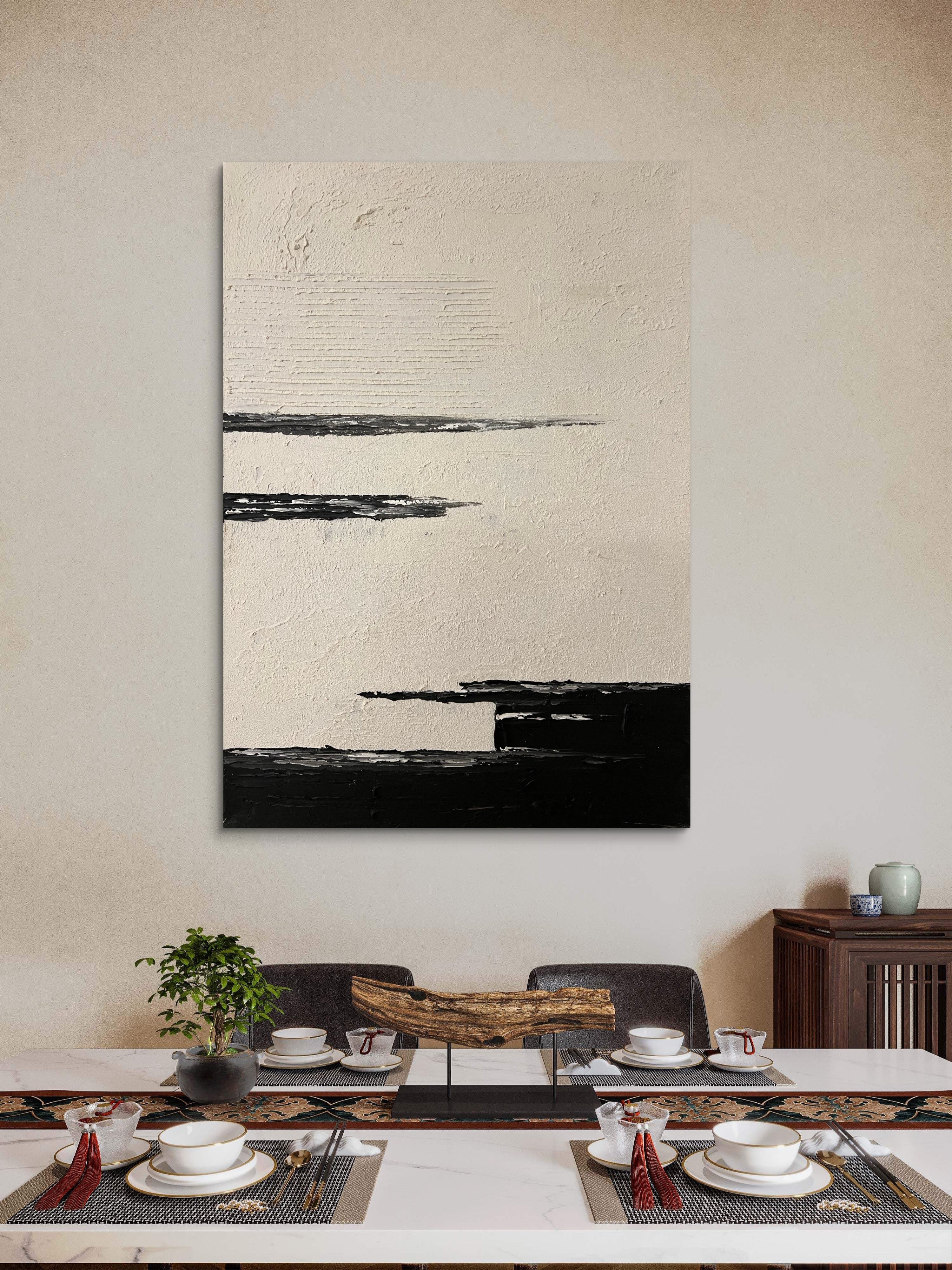 Quiet Horizon Texture / Minimalist Textured Abstract Canvas Wall Art in Black & Ivory | Modern Home Décor