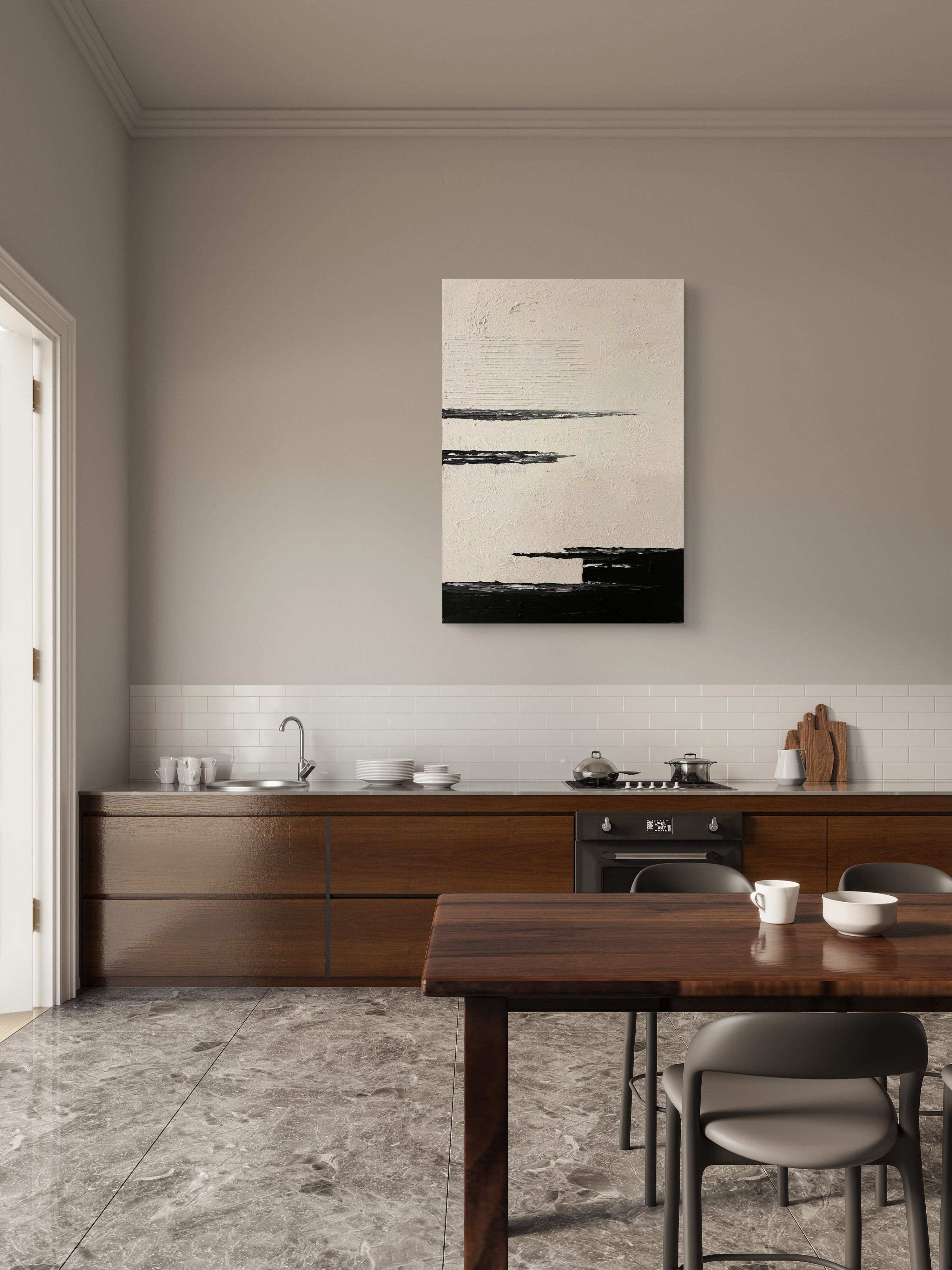 Quiet Horizon Texture / Minimalist Textured Abstract Canvas Wall Art in Black & Ivory | Modern Home Décor