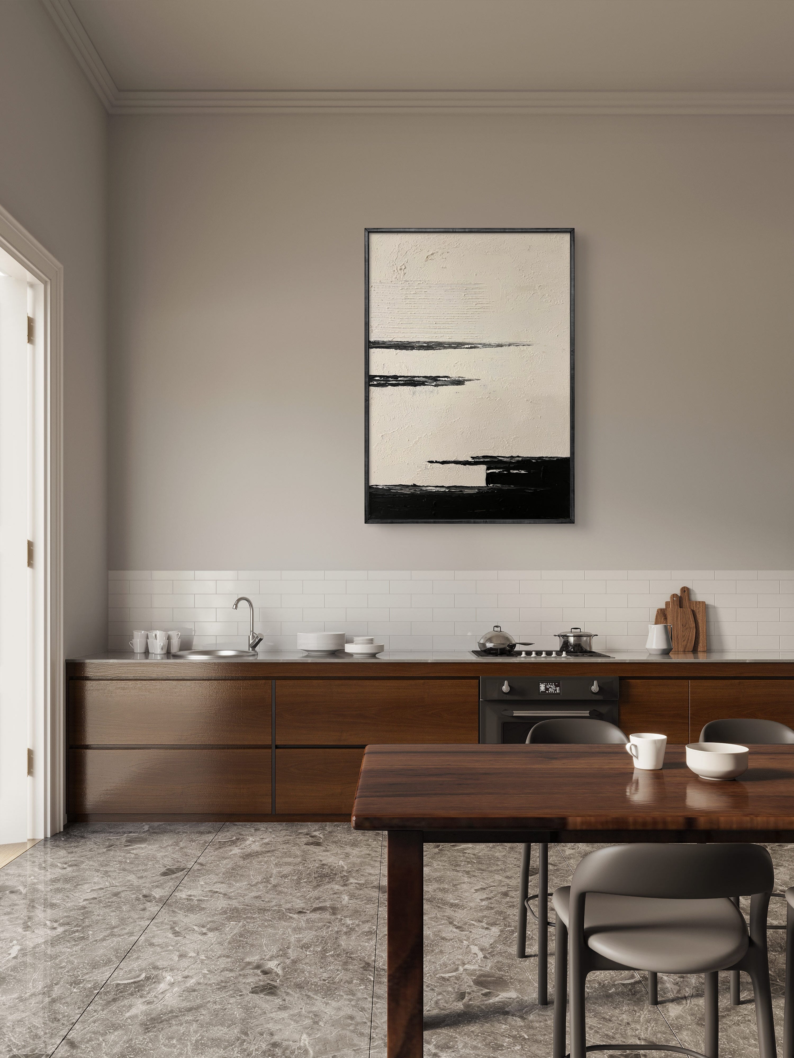 Quiet Horizon Texture / Minimalist Textured Abstract Canvas Wall Art in Black & Ivory | Modern Home Décor