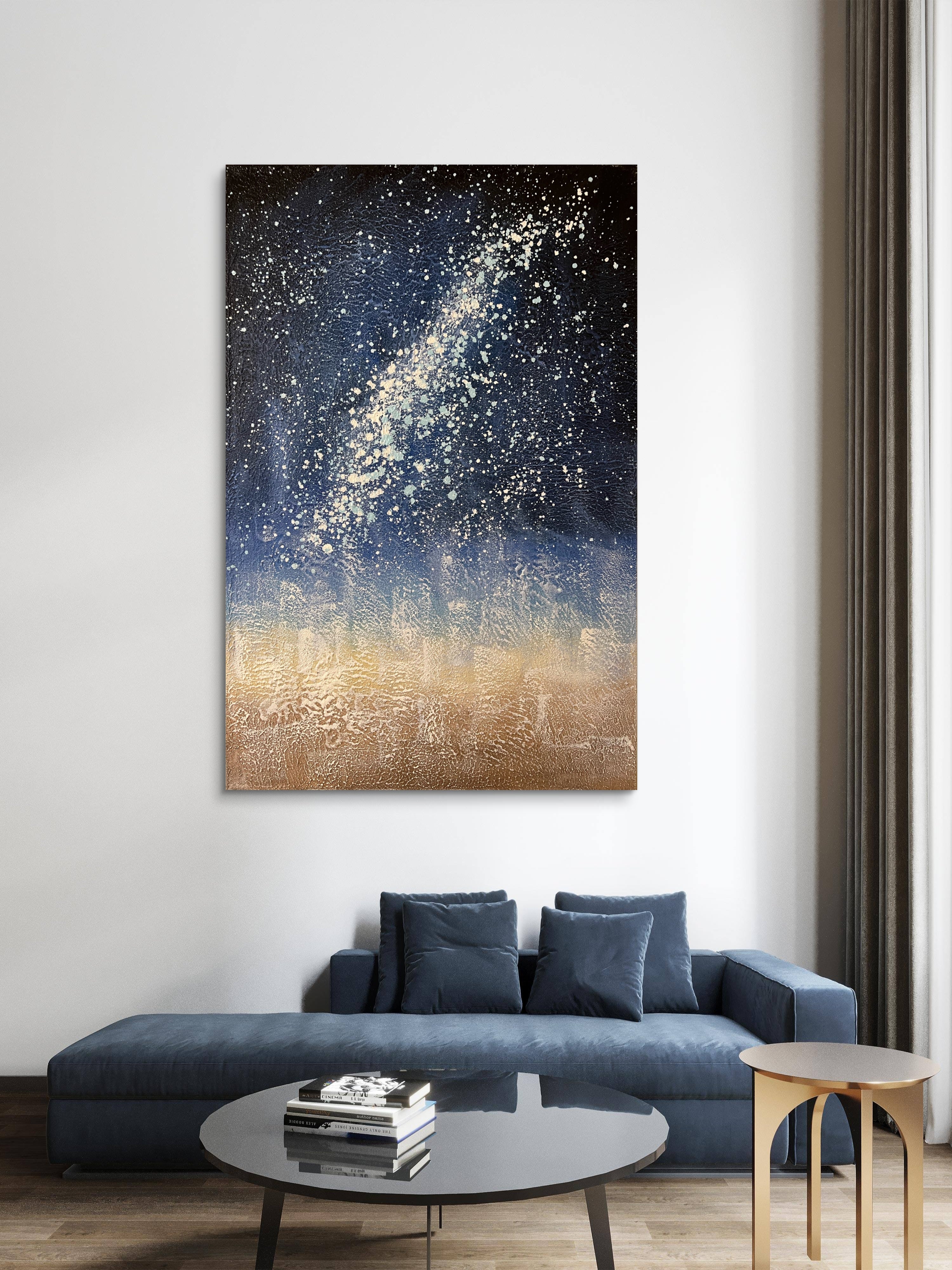 Starlit Horizon Texture / Textured Abstract Canvas Wall Art in Deep Blue & Gold | Modern Home Décor