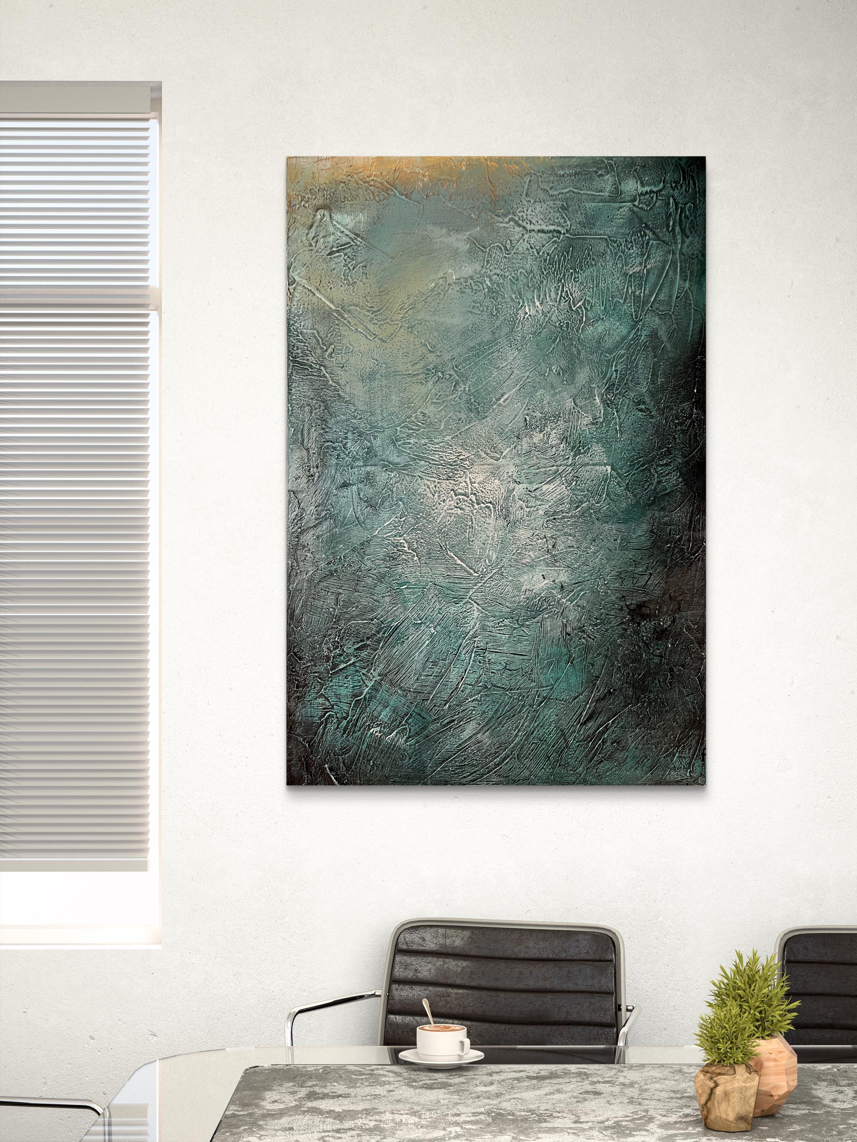 Held in Stillness / Abstract Blue-Green Textured Oil Painting – Hand-Painted 3D Canvas Wall Art